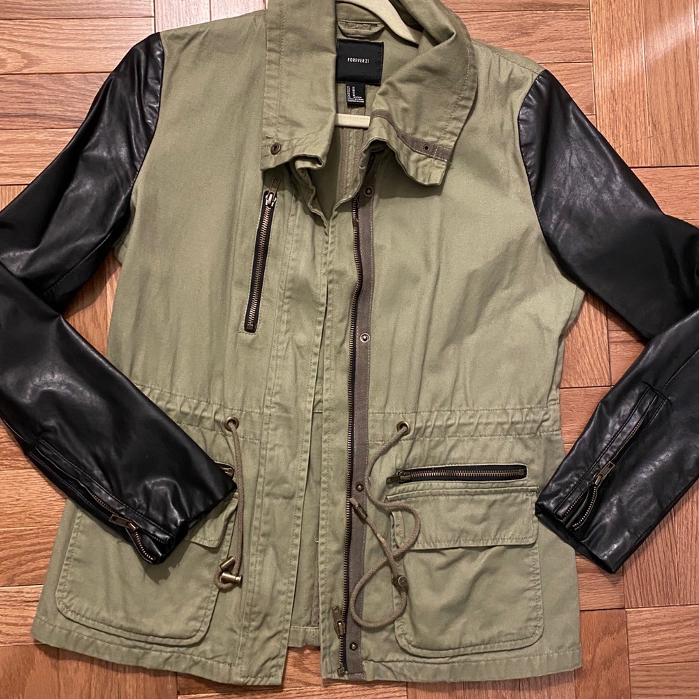 [SOLD] Black Leather Olive Green Jacket (Vegan)